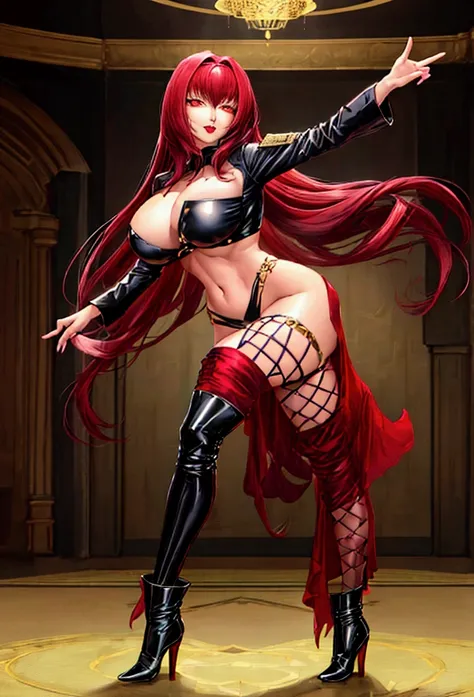 Large breasts,female 、Scathach, girl, (masterpiece: 1.1), (highest quality: 1.1), Sexy korean idol girl, red hair, kpop outfit, star top, green joggers, black militar boots, long hair, red hair, yellow eyes, red lips, sexy pose, dancing, full body.