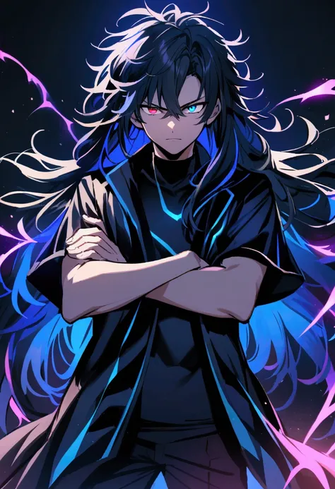 Teenage boy, Messy hair, long hair, multicolored blue and black hair, crossed arms, blue and black eyes, heterochromia, Simple smile, serious face, black jersey, dark blue detailed and wide short-sleeved overcoat, detailed black pants, electric aura around...