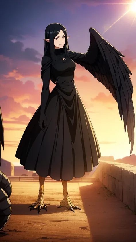 1woman,mature female,40s,sensual smile,black dress,black hair,pointy ears,harpy,wings,no arms,A veil covering the mouth,((standing in a arena of battle,sunlight))