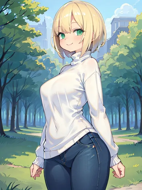 masterpiece, best quality, ultra-detailed, beautiful lighting, woman, tight jeans, blonde hair, (green eyes: 1.3), (white sweater: 1.2), turtleneck, standing, in the park, beautiful scenery, slight blush , smiling, (cute smile: 1.1), (bright lips: 1.1), (b...