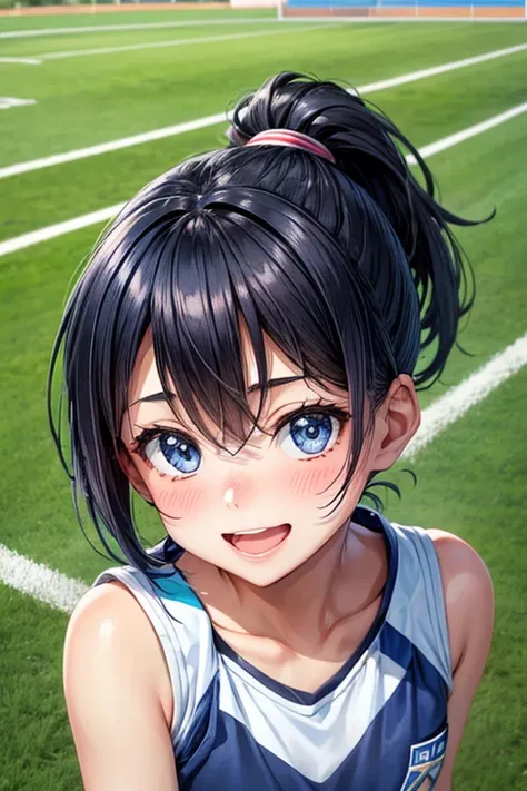 One girl,hair_Navy Blue,short hair,ponytail,Blue Eyes,Blue sportswear,Mouth wide open,A very happy smile,Happy look,Cheerful expression,Sweating,School grounds,grass,soccer,blush,Small ,,cute,,flat chest