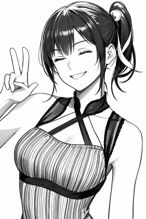 masterpiece,, One girl, alone, short, White Background, Monochrome, Line art, ((sketch))、Facing forward、Wearing a one-piece dress、smile、Making a peace sign、Side ponytail hair、Eyes closed、