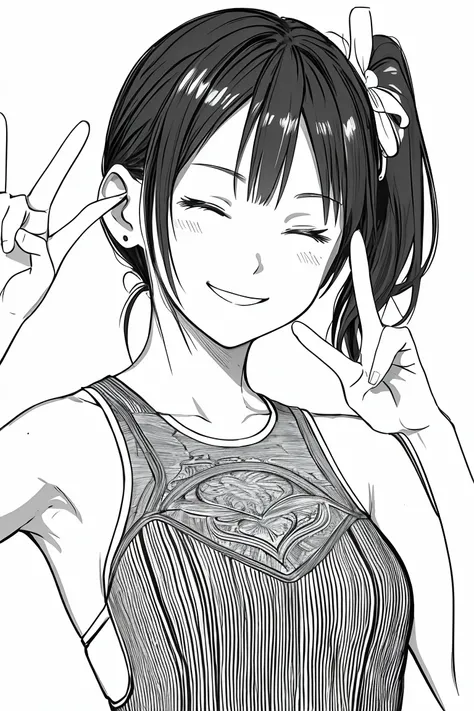 masterpiece,, One girl, alone, short, White Background, Monochrome, Line art, ((sketch))、Facing forward、Wearing a one-piece dress、smile、Making a peace sign、Side ponytail hair、Eyes closed、