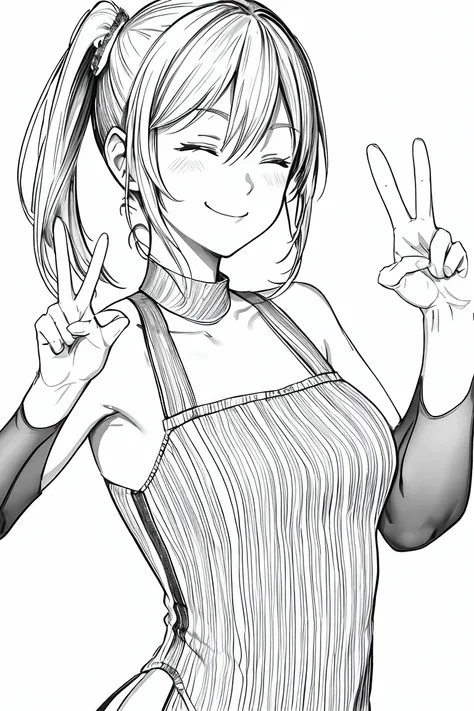 masterpiece,, One girl, alone, short, White Background, Monochrome, Line art, ((sketch))、Facing forward、Wearing a one-piece dress、smile、Making a peace sign、Side ponytail hair、Eyes closed、