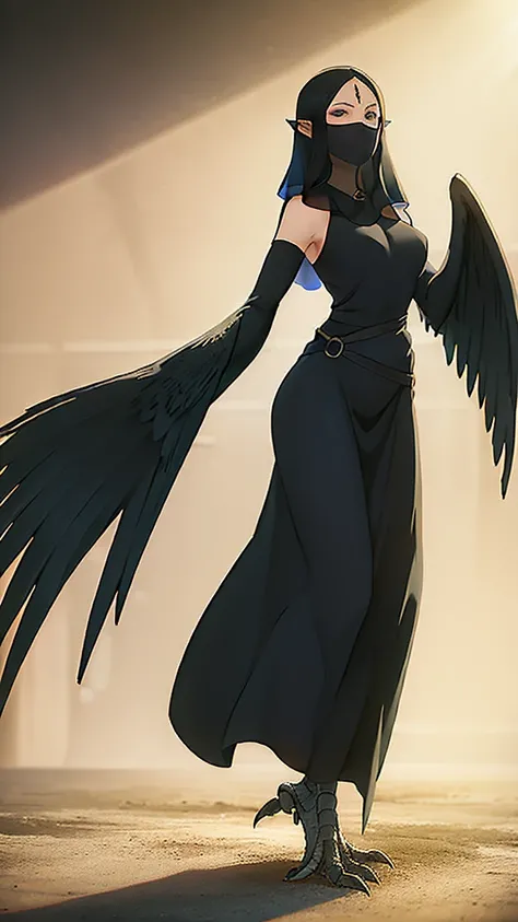 1woman,mature female,40s,sensual smile,black dress,black hair,pointy ears,harpy,wings,no arms,A veil covering the mouth,ahead,((standing in a arena of battle,sunlight))