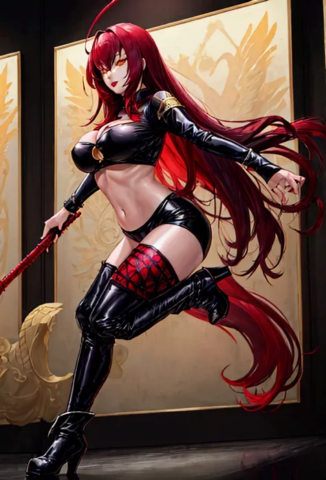 Large breasts,female 、Scathach, girl, (masterpiece: 1.1), (highest quality: 1.1), Sexy korean idol girl, red hair, kpop outfit, black top (star shape), green joggers, black militar boots, long hair, red hair, yellow eyes, red lips, sexy pose, dancing, full...