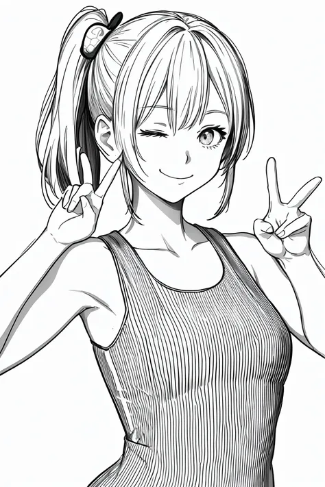 masterpiece,, One girl, alone, short, White Background, Monochrome, Line art, ((sketch))、Facing forward、Wearing a one-piece dress、smile、Making a peace sign、Side ponytail hair、One eye closed、