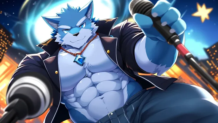 bynamic angle,depth of field, motion blur, absurdres,looking at viewer, (best quality), (masterpiece), (ultra detailed),(detailed eyes),sharp focus,manga,anthro male Blue Wolf,(muscular),Huge body chest , own pet kitty ,sky blue eyes,handsome jacket blue c...