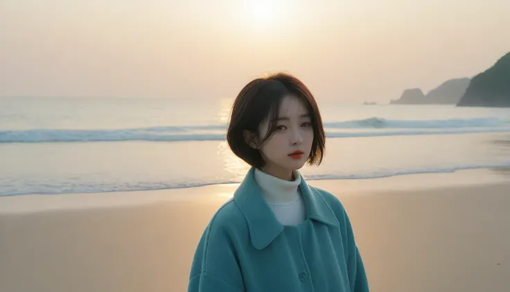 8K, Vivid picture quality, The picture quality is vivid, Realistic and perfect picture quality, long deserted beach, 멀리서 sun rise 뷰어, short hair that touches the shoulders and covers the neck, sun rise의 붉은 빛, sun rise, alone, afternoon, depressed, tide가 밀려...