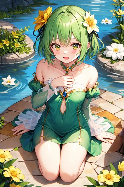 masterpiece, Highest quality, Super detailed,One girl, :d, Bare shoulders, blush, chest, Removable sleeves, dress, flower, whole body, green dress, Hair between the eyes, hair flower, hair ornaments, kokkoro, Long sleeve, Open your mouth, puffy Long sleeve...