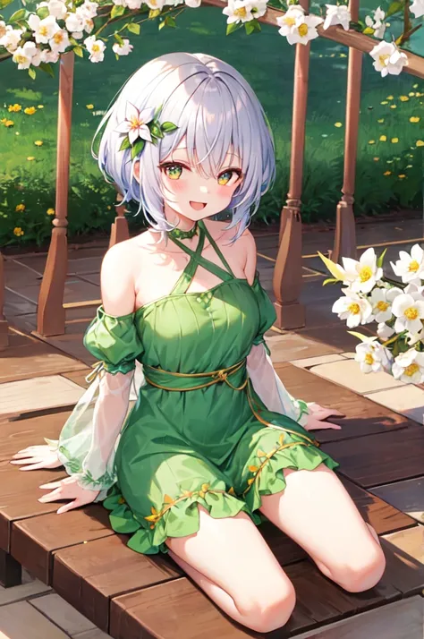 masterpiece, Highest quality, Super detailed,One girl, :d, Bare shoulders, blush, chest, Removable sleeves, dress, flower, whole body, green dress, Hair between the eyes, hair flower, hair ornaments, kokkoro, Long sleeve, Open your mouth, puffy Long sleeve...