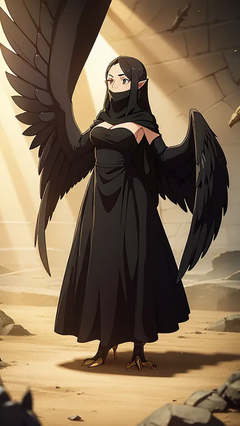 1woman,mature female,40s,sensual smile,black dress,black hair,pointy ears,harpy,wings,no arms,A veil covering the mouth,ahead,((standing in a arena of battle,sunlight))