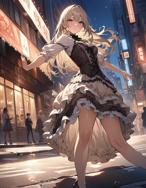 one beautifu girl breakdancing on the street,long straight gold ash hair,wearing Lolita fashion,(masterpiece), (best quality), (ultra-detailed), (illustration), (detailed light),(an extremely delicate and beautiful),(beautiful details eyes),city streets, c...