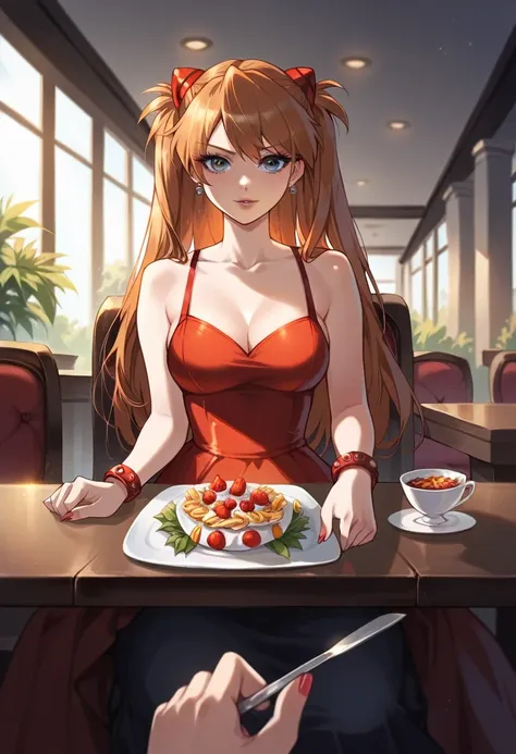 Highest quality, masterpiece, Anime Girls , Young girl, 24-years-old , One girl, bangs, Long Hair, Perfect body form, Perfect Shot, Perfect Anatomy, figure, Digital Art, Realistic, 4K, throw , Red dress, Sitting, dinner, elegant, date, Delicious food, brac...