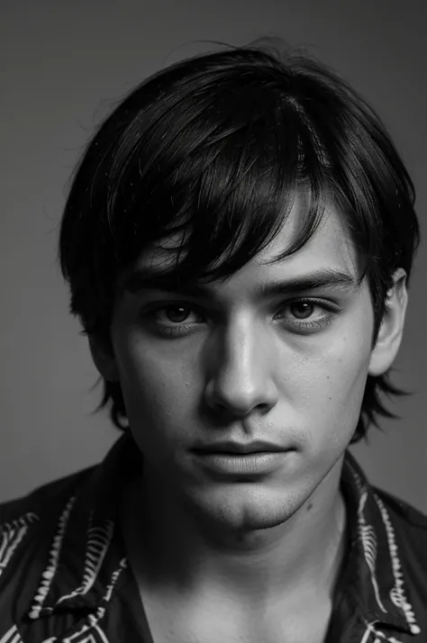 Model boy, cinematic light, extremely detailed, attractive boy with dark hair, black and white filter close up, messy bangs, pattern with a gray tone background