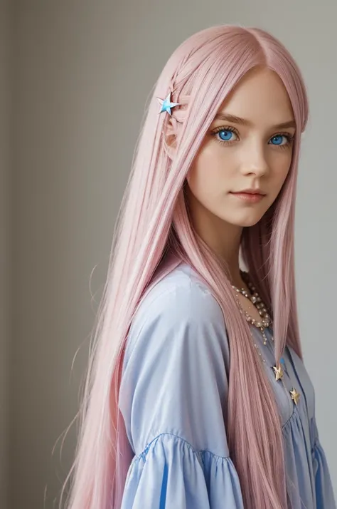 Make a girl with long pink hair Sky blue eyes A star brooch 