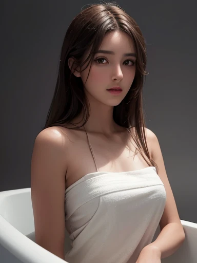 Best quality，masterpiece，high resolution，Reality，RAW photos，1 Girl，Dark brown hair，High and tall，Darker background color，The contrast is very strong，((Portrait - Full body))，Delicate and textured skin，Cold Light，A shallow smile，Deep eyes ，Wear a bath towel