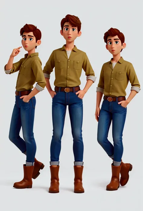 cute young man brown hair and eyes, green button-down shirt, jeans and brown ankle boots, high quality, detailed, full body, white background, pixar style