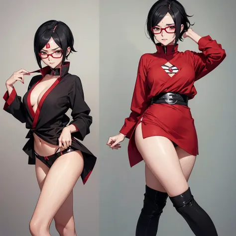 ((Sarada Uchiha)) ((boruto))Asian girl with short black hair ((red blouse opening)) and glasses and a black miniskirt very short at the waist showing her panties to the side and with thick thighs and wide hips seducing and sticking out her skinny ass sexua...