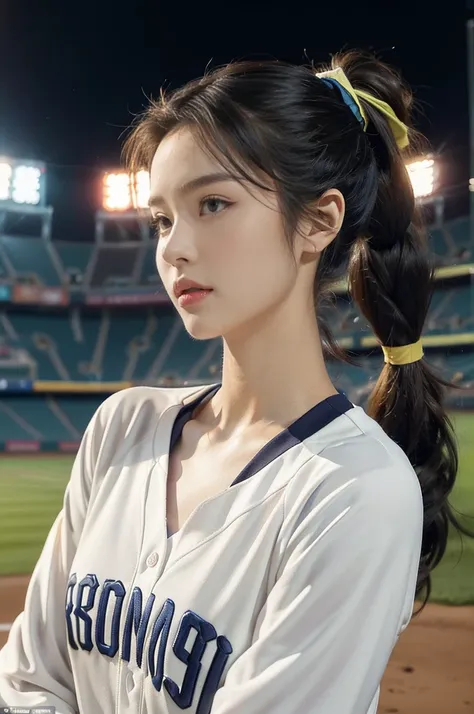 (((best quality))),(((ultra detailed))),(((masterpiece))),illustration,((A beautiful female baseball player stands confidently on the field)),((slim,thin)),((small breasts,flat chest)), her teams colors adorning her uniform,(baseball cap:1.2),(short ponyta...