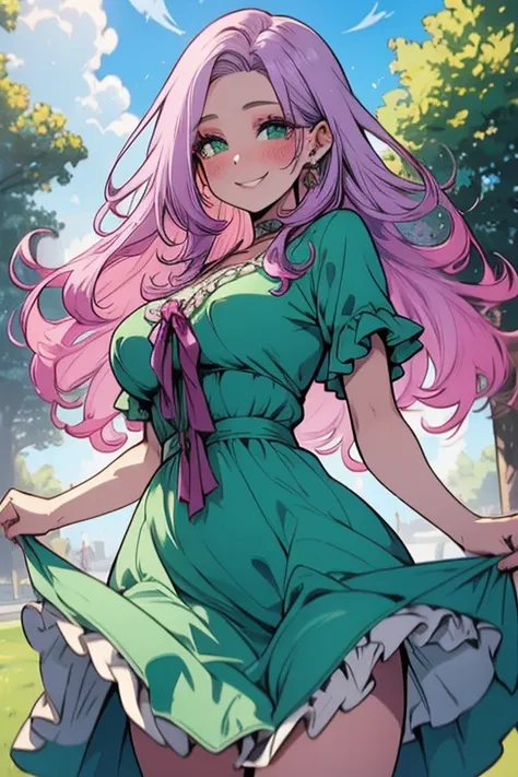 A light purple haired woman with green eyes with an hourglass figure in a frilly summer dress is smiling in the park with a blush