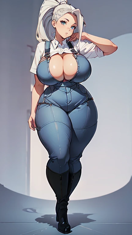 ((blank background)), masterpiece, best quality, silver hair, (curvy:1.8), (massive breast:1.5), ((full body framing)), (long legs:1.6), symmetry, farmer woman, (blue overalls), long boots, belt below navel, plaid shirt, ponytail