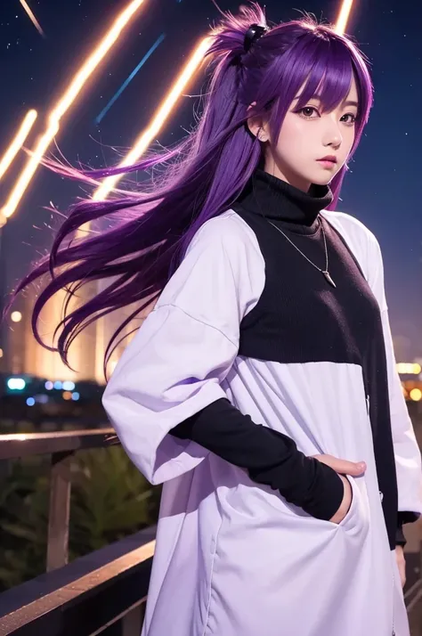 A handsome, anime-style, purple-haired bird that looks like a girl　　shooting star　night