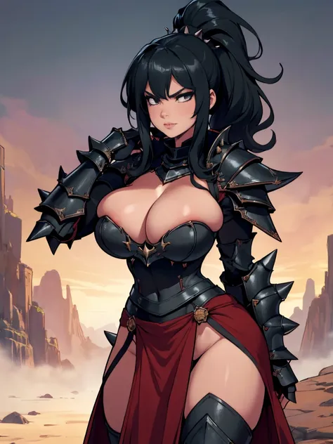 (masterpiece, top quality, best quality, official art, beautiful and aesthetic:1.2), (1girl:1.3), ((Sharp facial features, sharp features, hawkish features)), ((big hair, long black hair, ponytail)), big tiddy chaos warrior girl, extremely detailed, portra...