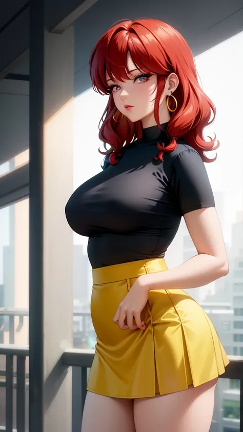 Ranma CHan, Redhead, (best quality:1.5, High resolution, ultra HD, 4K, Detailed lighting, Shaders), (High quality eyes), ( Perfect fingers),  Curly hair, Gradient hair, Large Breasts, Set, shirt, Social shirt, Short skirt, Mature woman , (View), White back...