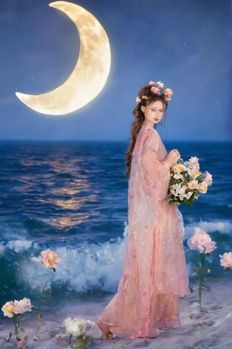 high resolution, 8K, ridiculous 1girl, moon, ocean, flower, 