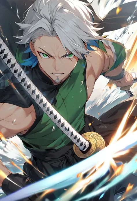 1 young boy, male focus , tão bonitas, 人物, perfect composition, Moisture skin, 1 men, bonitas, White hair, vibrant green eyes, アニメ, 19yearsold, 19 years, a small goatee, white hair ,  slim muscles,  black hakama, tensa zangetsu (to the bank), katana longa,...