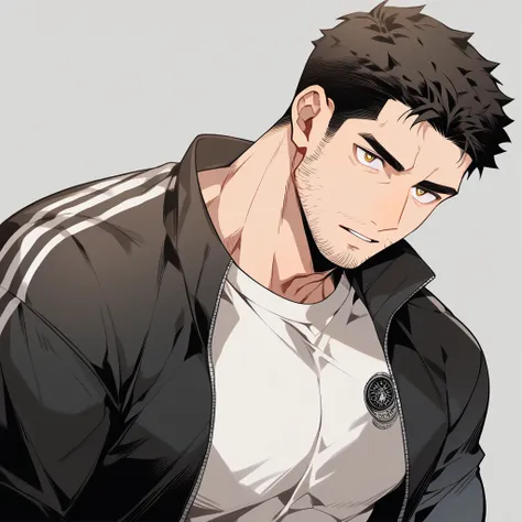 anime characters：chris redfield, muscle sports student, buzz cut, manliness, male focus, dark black yellow high collar long slee...