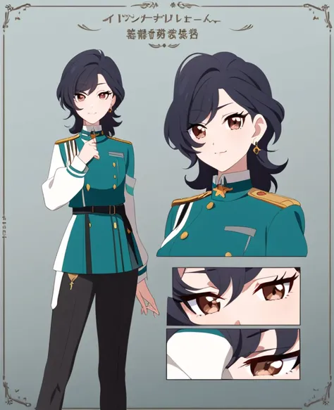 Make me an Ensemble Stars oc. Ensemble Stars art style. Give her short dark teal hair, brown eyes. In Yumenosaki uniform. Reference sheet.