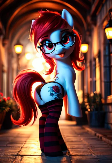 radiant lighting, vibrant colors, whimsical atmosphere, 8K, high resolution, highly detailed, masterpiece, (((my little pony))), four stockings, (red hair, white body, red eyes) cute face, tongue out, striped stockings, standing on four hooves, cool glasse...