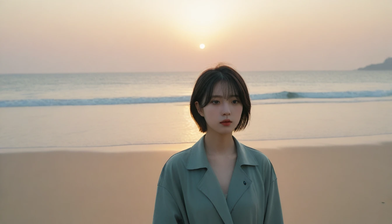 8K, Vivid picture quality, The picture quality is vivid, Realistic and perfect picture quality, long deserted beach, 멀리서 sun rise 뷰어, short hair that touches the shoulders and covers the neck, sun rise의 붉은 빛, sun rise, alone, afternoon, depressed, tide가 밀려...