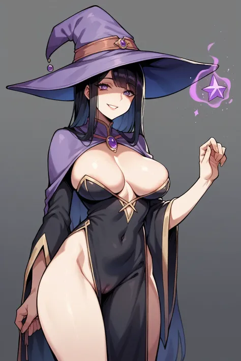 long black hair, straight hair, purple eyes, witch hat, perfect body, sexy, rpg witch, fantasy witch, wizar robe, 25 years old, black clothes, black and purple palette, adult woman, round breasts, sorceress attire, smiling, seductive, bangs, flashing  with...