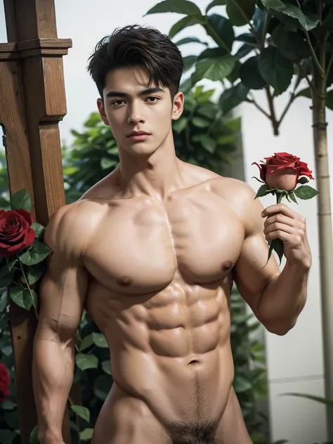 ((realistic photo)), handsome guy, 20 years old, wearing nothing completely naked,correct looking penis, well-shaped penis, smooth penis and balls , revealing his huge muscular thighs, carrying a red rose ((raised in front of his chest), sculpted body, Kor...