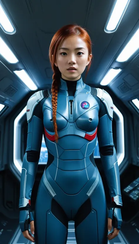 1 Girl、Medium Bust、solo、red Hair、Braid、Mobile Race Suit、Shoulder Armor、ceiling、Wide Shot、Looking Ahead、zipup suit 、Closed Mouth、Highest quality、medium quality、22 years old、Mobile Trace System、cockpit、Asian、
