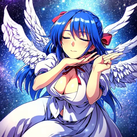 (best quality,4k,8k,highres,masterpiece:1.2), ultra-detailed, highly detailed texture, intricate details, high quality textures, A cute teenage angel with blue eyes, drawn in anime style, 1girl, , , 10 years old, medium blue hair, hair flaps, pink ribbon o...