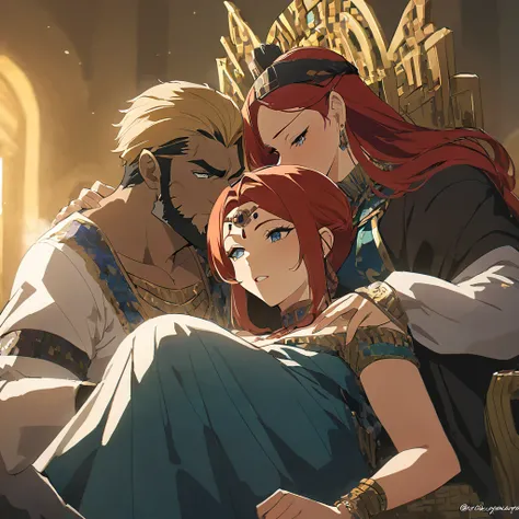 ((Highest quality)), ((masterpiece)), (detailed), （Perfect Face）、The woman is holding a baby with red hair and brown skin.、The woman is Queen Zelda of the Gerudo tribe, with blonde hair and blue eyes, and is wearing the luxurious dress of the Gerudo queen....