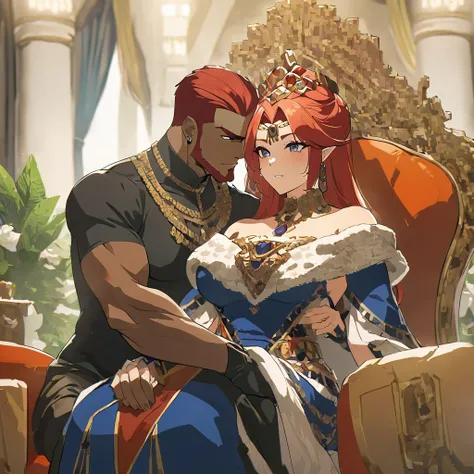 ((Highest quality)), ((masterpiece)), (detailed), （Perfect Face）、The woman is holding a baby with red hair and brown skin.、The woman is Queen Zelda of the Gerudo tribe, with blonde hair and blue eyes, and is wearing the luxurious dress of the Gerudo queen....