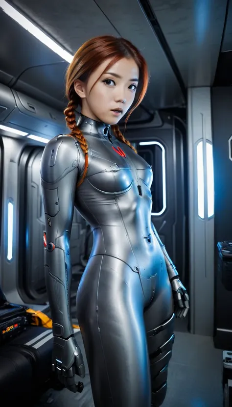 1 Girl、Medium Bust、solo、red Hair、Braid、Mobile Race Suit、Shoulder Armor、ceiling、Wide Shot、Looking Ahead、zipup suit 、Closed Mouth、Highest quality、medium quality、22 years old、Mobile Trace System、cockpit、Asian、CyborgCosplay

