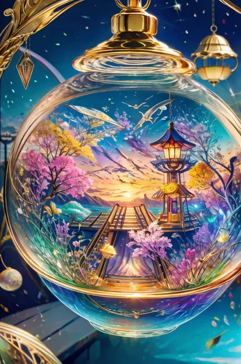 masterpiece、Highest quality、（A very delicate and beautiful rainbow colored summer wind chime scene trapped in a bottle）、Lots of wind chimes、Summer Traditions、World Masterpiece Theatre、High-resolution equirectangular projection、Highest quality、Consciousness...