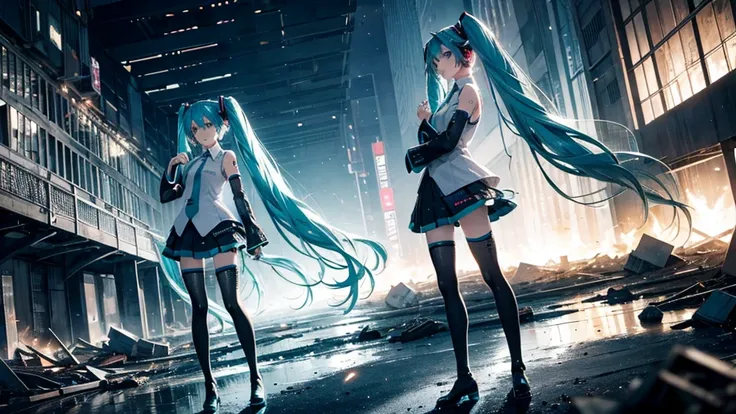 Hatsune Miku Stands Up、With falling sparks on the background of a ruined city、Heavy metal style cover image。