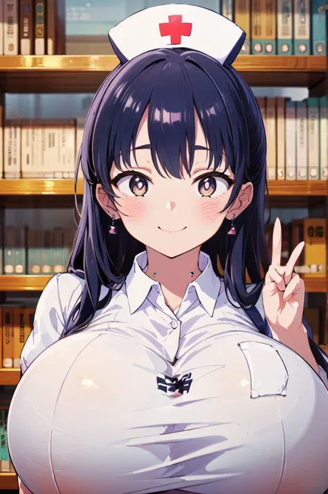 (huge breasts:1.8),Anna Yamada,gigantic breasts,smile、(Nurse uniform:1.5)、(Are standing)、(in library room)、Bookshelf、(Wearing a collar:1.5)、Earrings、Earrings、bracelet,(Delicate facial features:1.5)、(masterpiece, Highest quality, High resolution, Super deta...