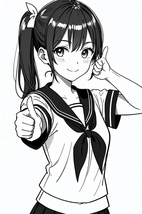 masterpiece,, One Girl, alone, short, White Background, Monochrome, Line art, ((sketch))、Look forward、Wear a sailor uniform、smile、Thumbs up、Side Ponytail、Wink