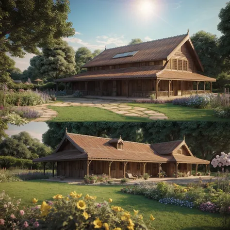 A photo of ancient garden house, wooden house, around vegetable garden house, flowers, trees, vegetation, corona rendering, 3ds max, wide view, sunny sky, sunset environment, sunny movie, natural light RAW photo, 8k uhd, dslr, soft lighting, high quality, ...