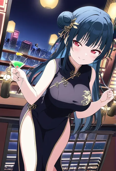 Yoshiko Tsushima　Blue Hair　Red Eye　Semi-long hair　One-sided bun hairstyle　feather hair accessories　Black Chinese Dress　Cocktail Bar　Holding a light blue cocktail　smile　Huge breasts　Room lighting　City night view