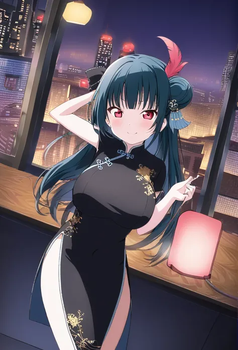 Yoshiko Tsushima　Blue Hair　Red Eye　Semi-long hair　One-sided bun hairstyle　feather hair accessories　Black Chinese Dress　Cocktail Bar　Holding a light blue cocktail　smile　Huge breasts　Room lighting　City night view