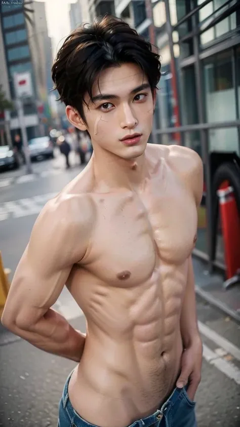 Handsome　Japanese male model 17 years old　Black Hair　Beautiful Skin　Slim and muscular　face　shoulder, nude, Photo slightly subtracted　童faceでカメラを見る　no background　Upper body 